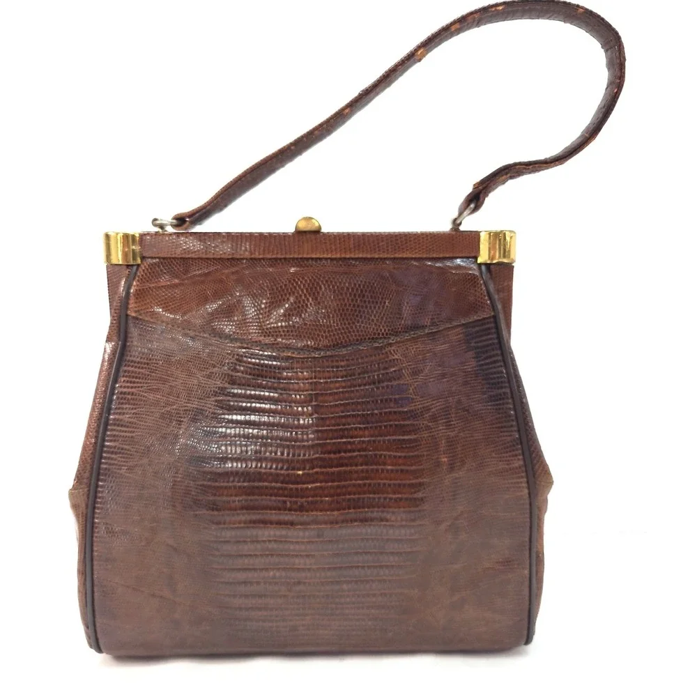 Vintag Brown Lizard Skin Handbag Goldtone Hardware Kiss Lock Closure